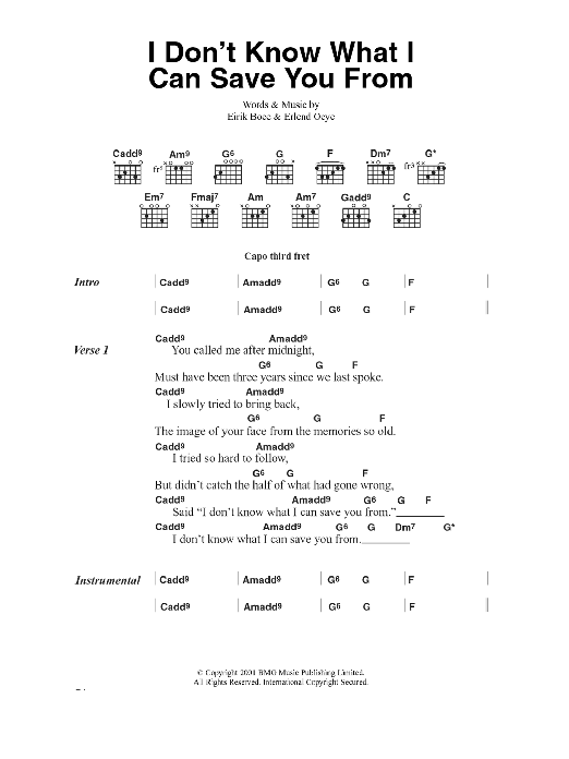 Download Kings Of Convenience I Don't Know What I Can Save You From Sheet Music and learn how to play Lyrics & Chords PDF digital score in minutes