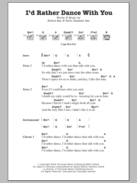 Download Kings Of Convenience I'd Rather Dance With You Sheet Music and learn how to play Lyrics & Chords PDF digital score in minutes