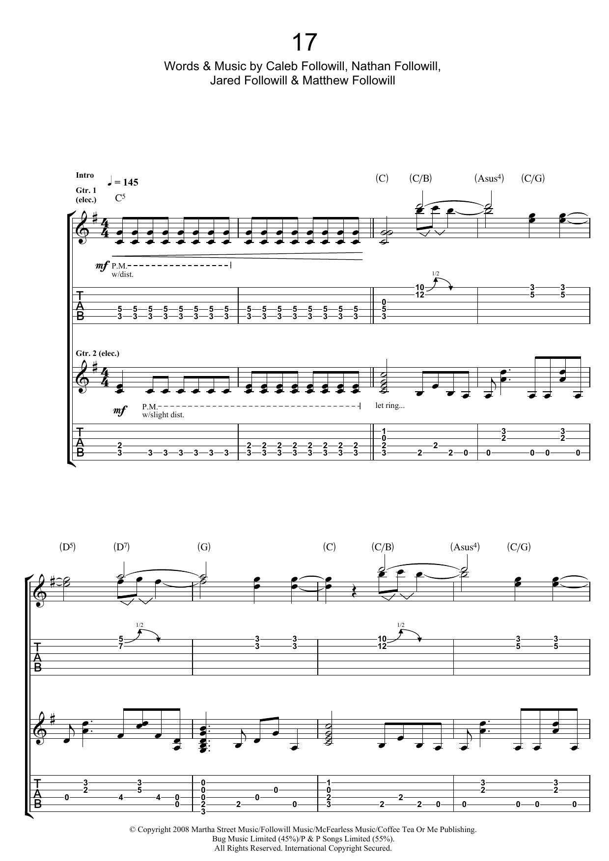 Download Kings Of Leon 17 Sheet Music and learn how to play Piano, Vocal & Guitar (Right-Hand Melody) PDF digital score in minutes