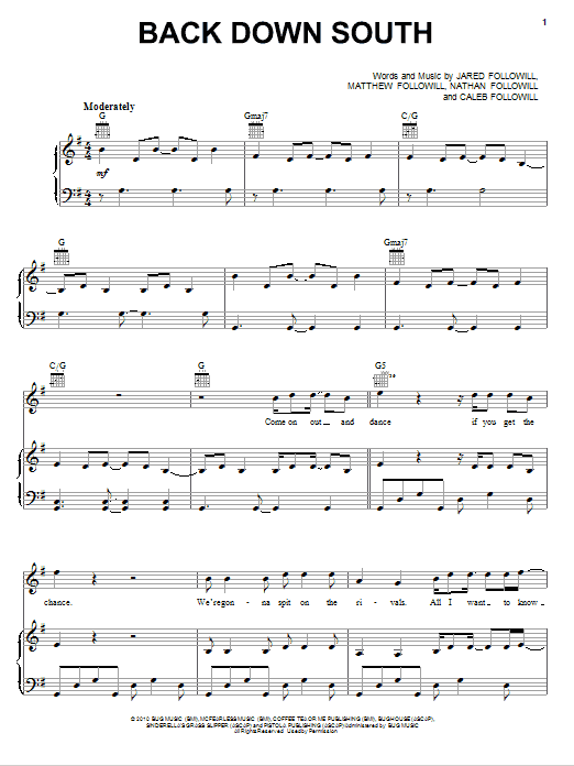 Download Kings Of Leon Back Down South Sheet Music and learn how to play Piano, Vocal & Guitar (Right-Hand Melody) PDF digital score in minutes