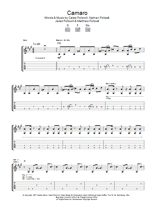 Download Kings Of Leon Camaro Sheet Music and learn how to play Guitar Tab PDF digital score in minutes