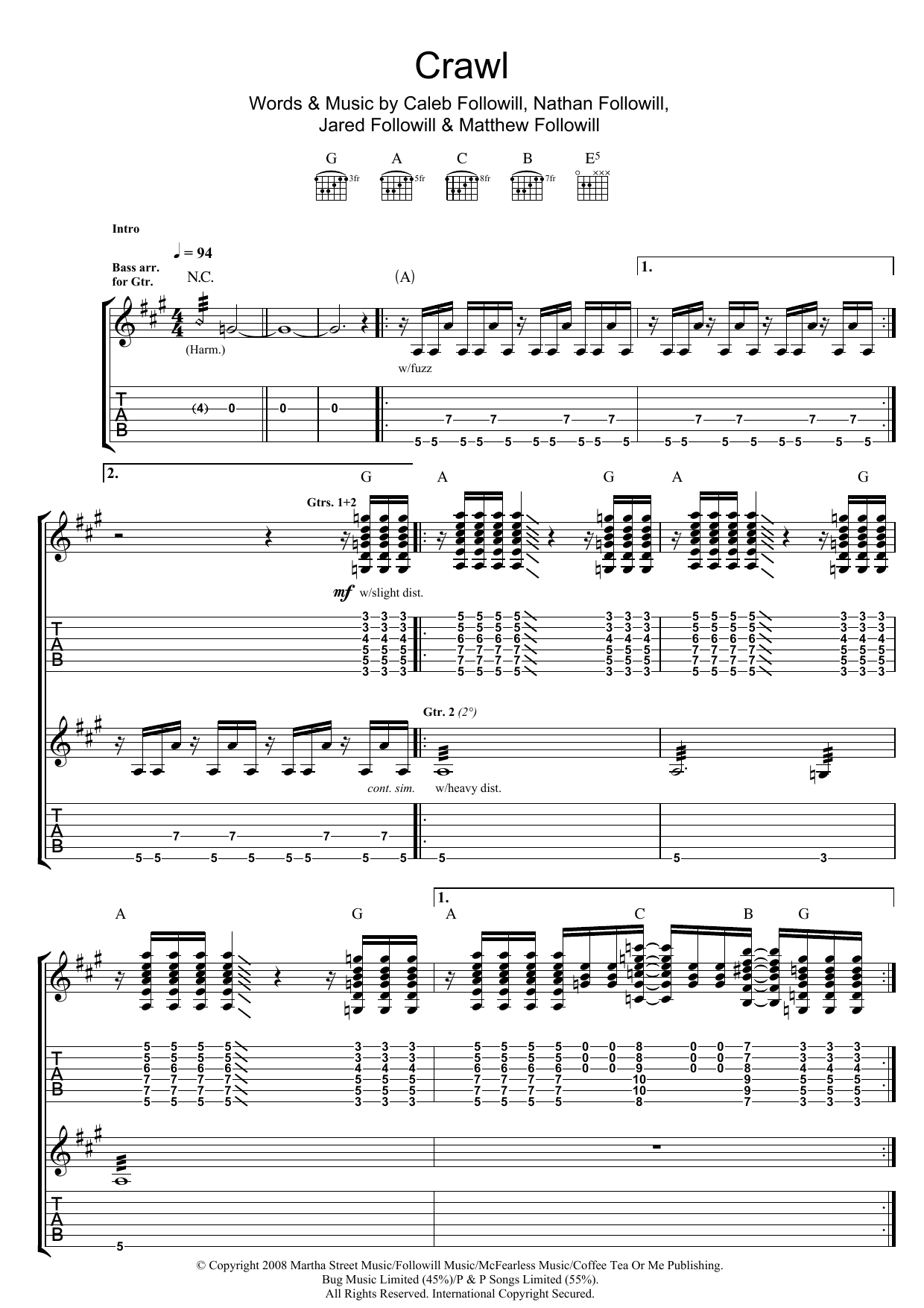 Download Kings Of Leon Crawl Sheet Music and learn how to play Guitar Tab PDF digital score in minutes