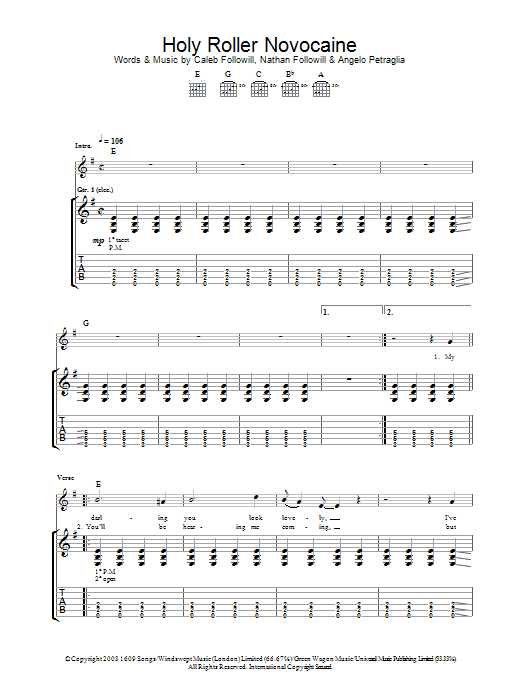 Download Kings Of Leon Holy Roller Novocaine Sheet Music and learn how to play Guitar Tab PDF digital score in minutes
