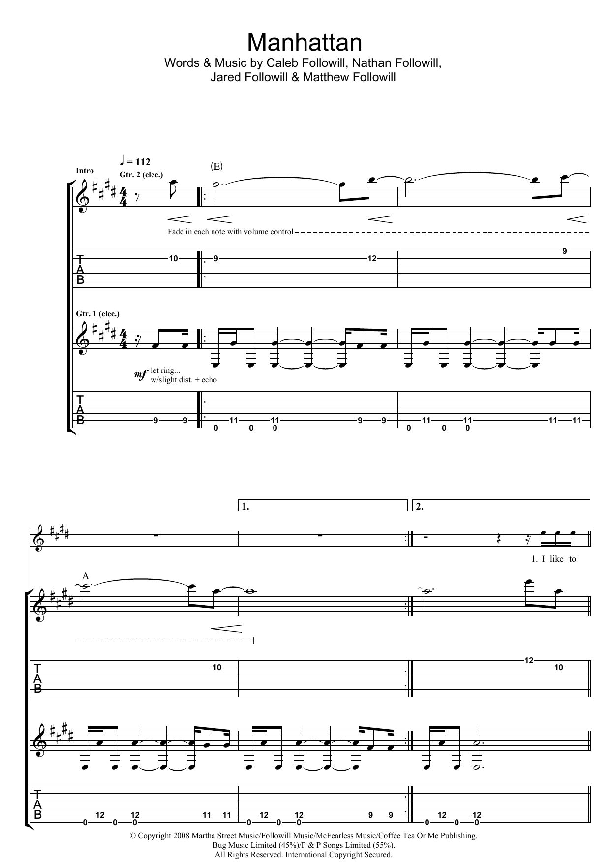 Download Kings Of Leon Manhattan Sheet Music and learn how to play Guitar Tab PDF digital score in minutes