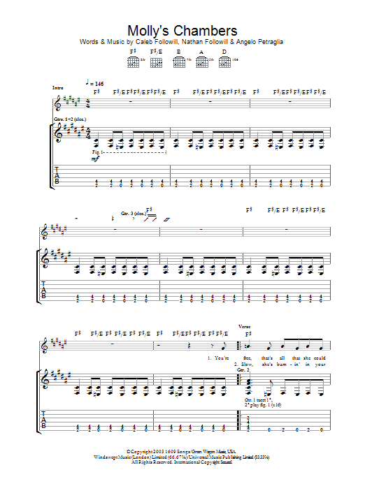 Download Kings Of Leon Molly's Chambers Sheet Music and learn how to play Melody Line, Lyrics & Chords PDF digital score in minutes