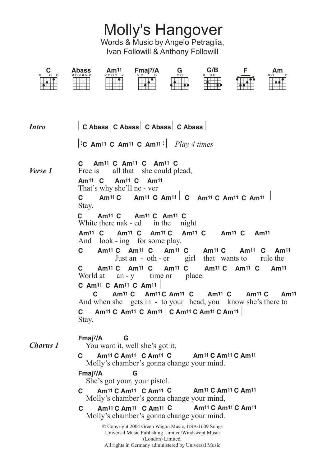 Download Kings Of Leon Molly's Hangover Sheet Music and learn how to play Lyrics & Chords PDF digital score in minutes