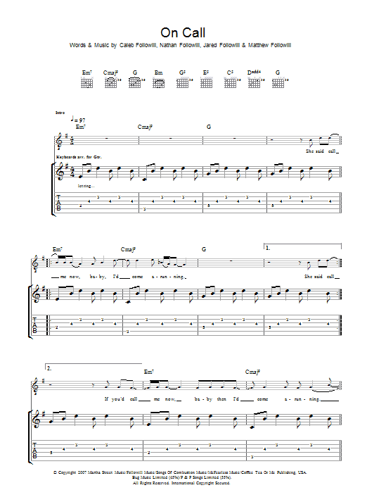 Download Kings Of Leon On Call Sheet Music and learn how to play Piano, Vocal & Guitar PDF digital score in minutes
