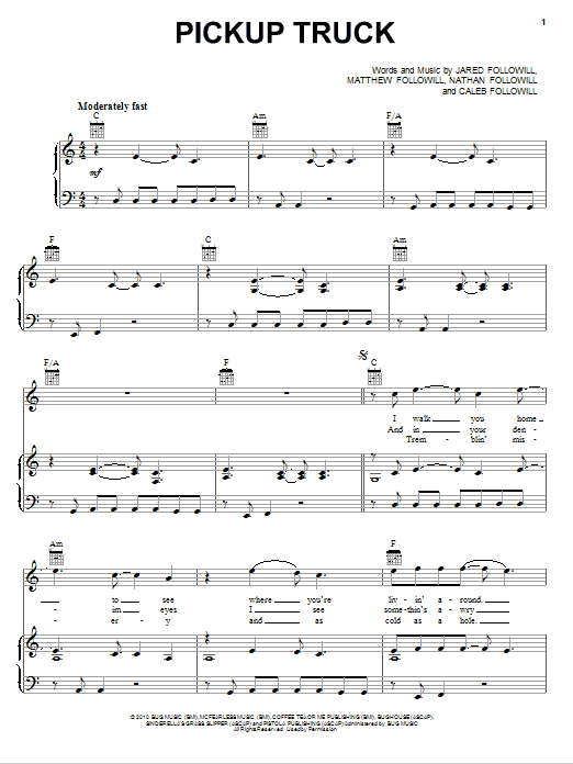 Download Kings Of Leon Pickup Truck Sheet Music and learn how to play Piano, Vocal & Guitar (Right-Hand Melody) PDF digital score in minutes