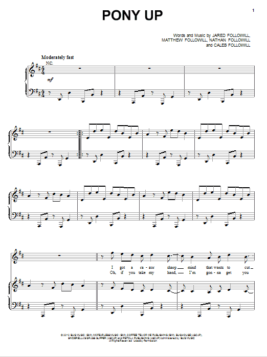 Download Kings Of Leon Pony Up Sheet Music and learn how to play Piano, Vocal & Guitar (Right-Hand Melody) PDF digital score in minutes