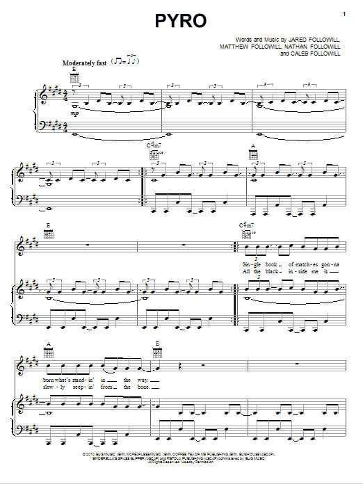Download Kings Of Leon Pyro Sheet Music and learn how to play Piano, Vocal & Guitar (Right-Hand Melody) PDF digital score in minutes