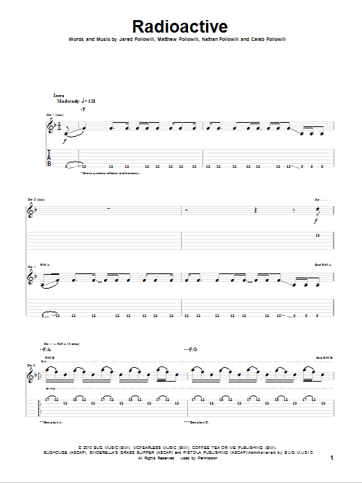 Download Kings Of Leon Radioactive Sheet Music and learn how to play Guitar Tab PDF digital score in minutes