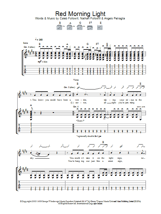 Download Kings Of Leon Red Morning Light Sheet Music and learn how to play Melody Line, Lyrics & Chords PDF digital score in minutes