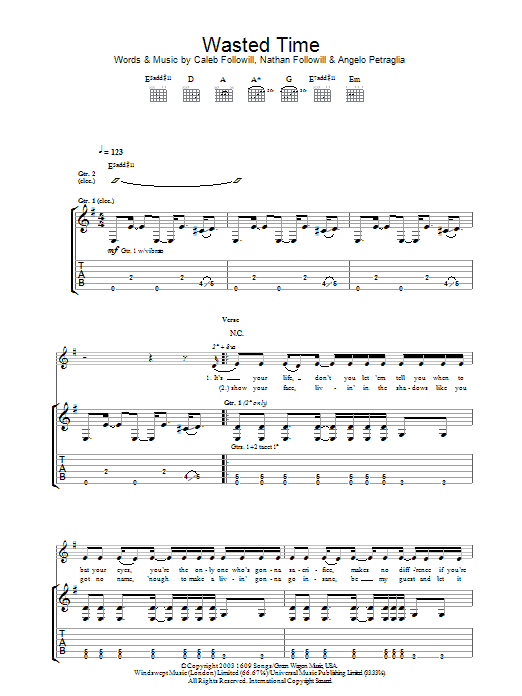 Download Kings Of Leon Wasted Time Sheet Music and learn how to play Guitar Tab PDF digital score in minutes