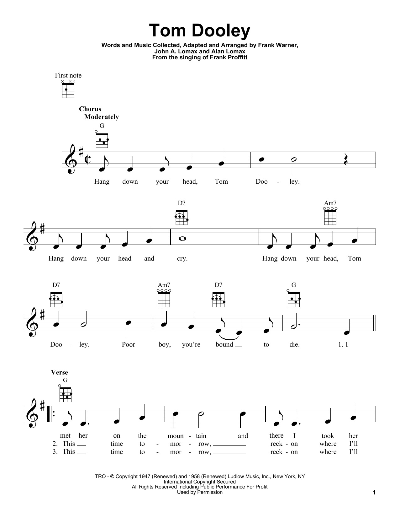 Download The Kingston Trio Tom Dooley Sheet Music and learn how to play Ukulele PDF digital score in minutes