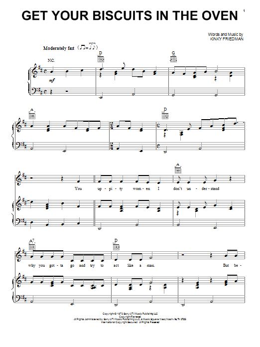 Download Kinky Friedman Get Your Biscuits In The Oven Sheet Music and learn how to play Piano, Vocal & Guitar (Right-Hand Melody) PDF digital score in minutes