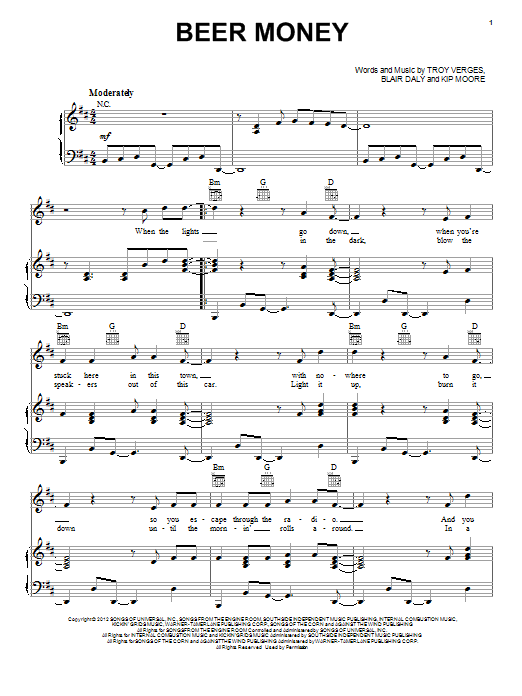 Download Kip Moore Beer Money Sheet Music and learn how to play Piano, Vocal & Guitar (Right-Hand Melody) PDF digital score in minutes
