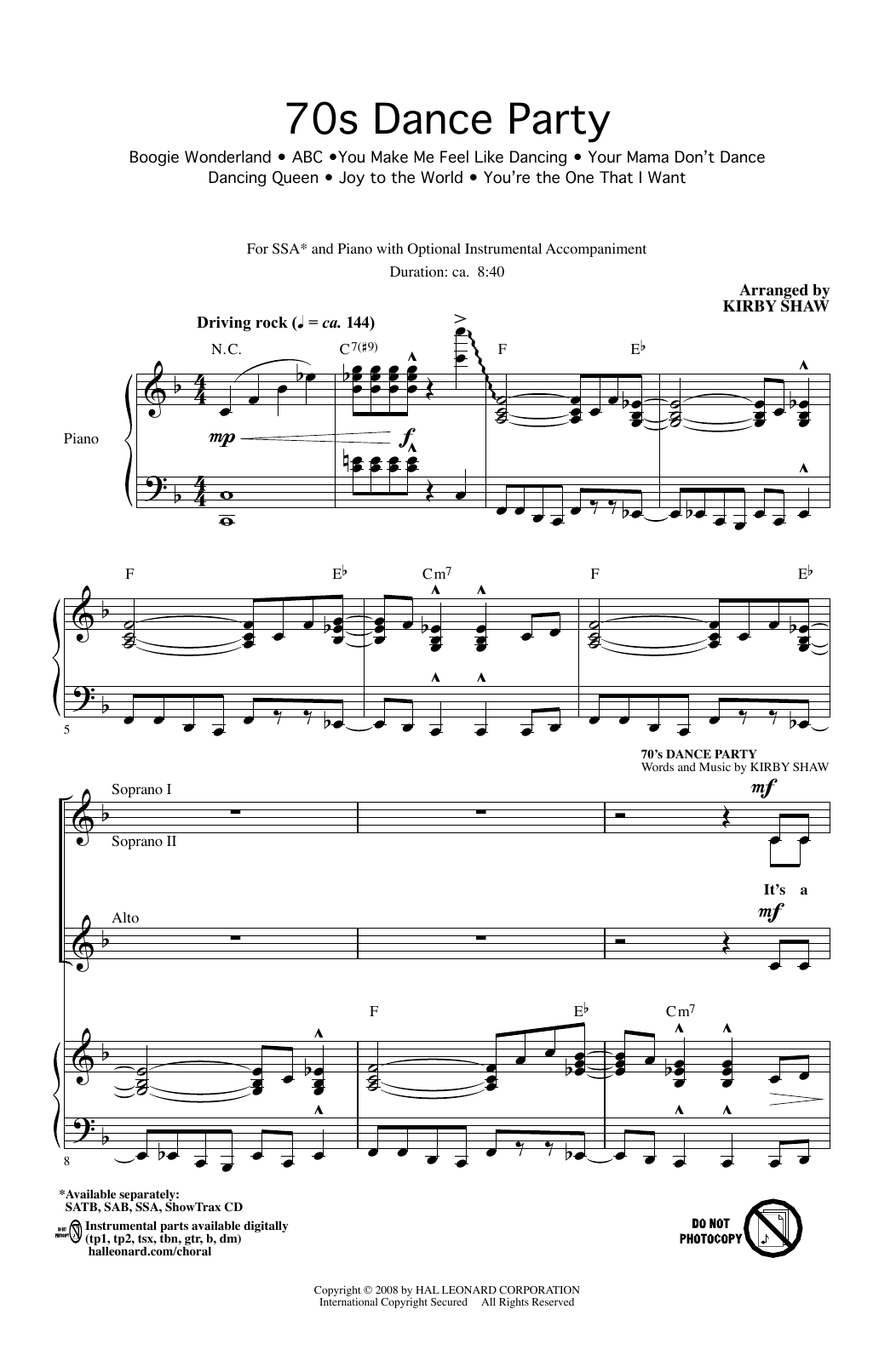 Download Kirby Shaw 70s Dance Party (Medley) Sheet Music and learn how to play SAB PDF digital score in minutes