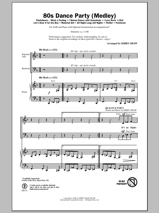 Download Kirby Shaw 80s Dance Party (Medley) Sheet Music and learn how to play SATB Choir PDF digital score in minutes