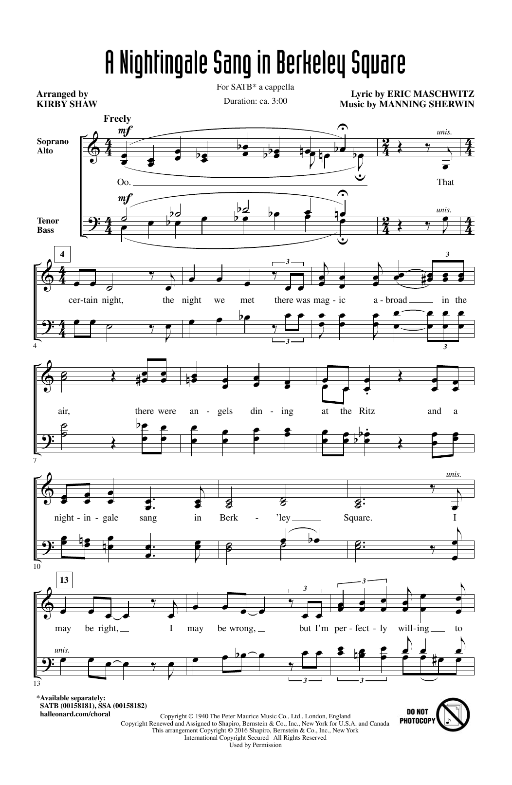 Download Kirby Shaw A Nightingale Sang In Berkeley Square Sheet Music and learn how to play SATB PDF digital score in minutes