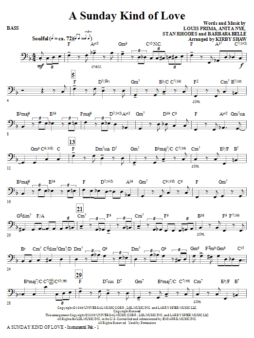 Download Kirby Shaw A Sunday Kind of Love - Bass Sheet Music and learn how to play Choir Instrumental Pak PDF digital score in minutes