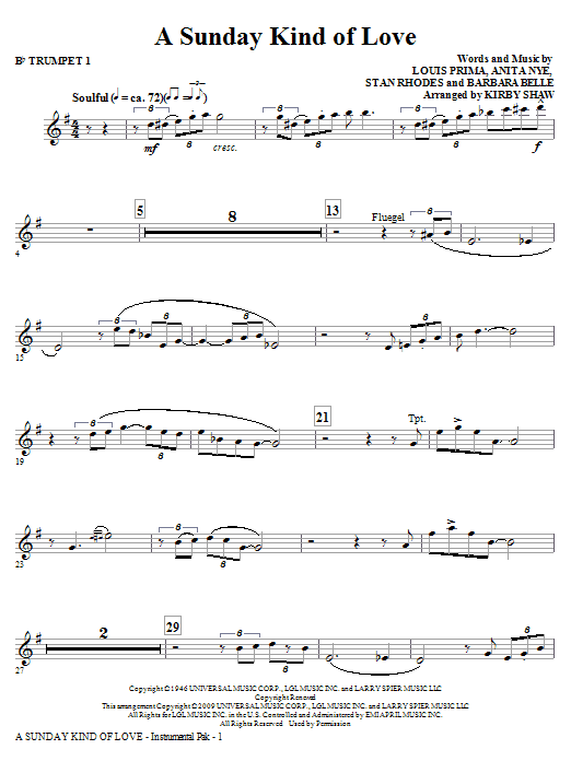 Download Kirby Shaw A Sunday Kind of Love - Bb Trumpet 1 Sheet Music and learn how to play Choir Instrumental Pak PDF digital score in minutes