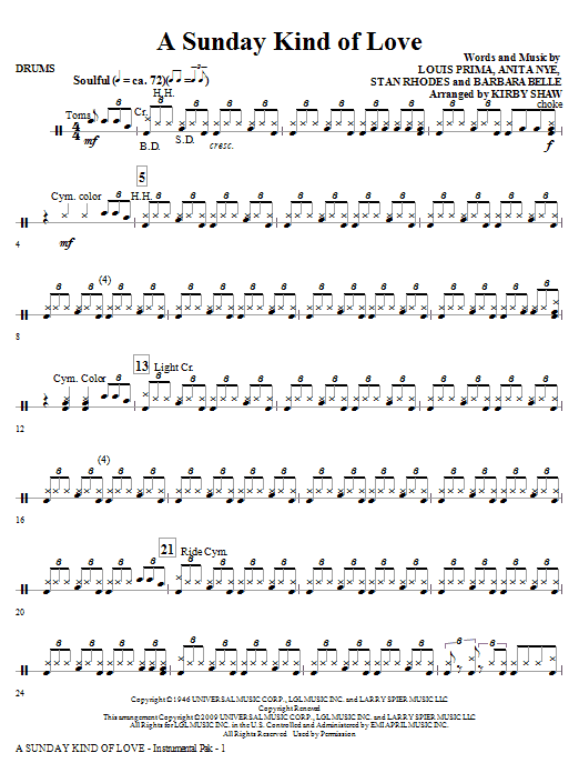 Download Kirby Shaw A Sunday Kind of Love - Drums Sheet Music and learn how to play Choir Instrumental Pak PDF digital score in minutes