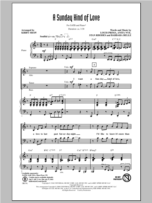 Download Etta James A Sunday Kind Of Love (arr. Kirby Shaw) Sheet Music and learn how to play SSA PDF digital score in minutes