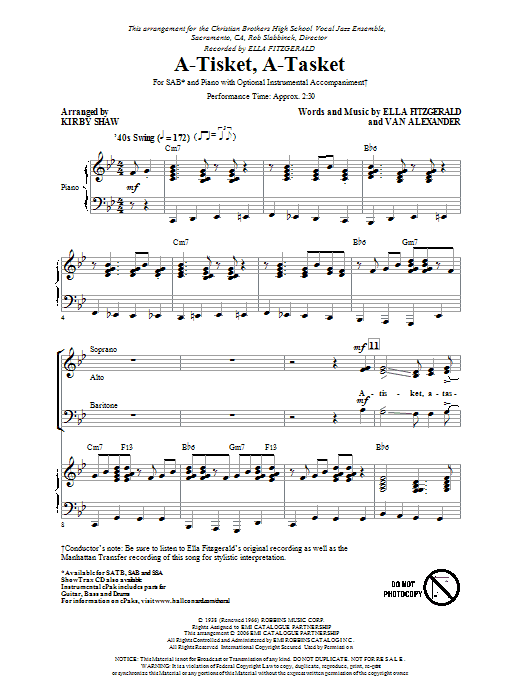 Download The Manhattan Transfer A-Tisket, A-Tasket (arr. Kirby Shaw) Sheet Music and learn how to play SATB PDF digital score in minutes