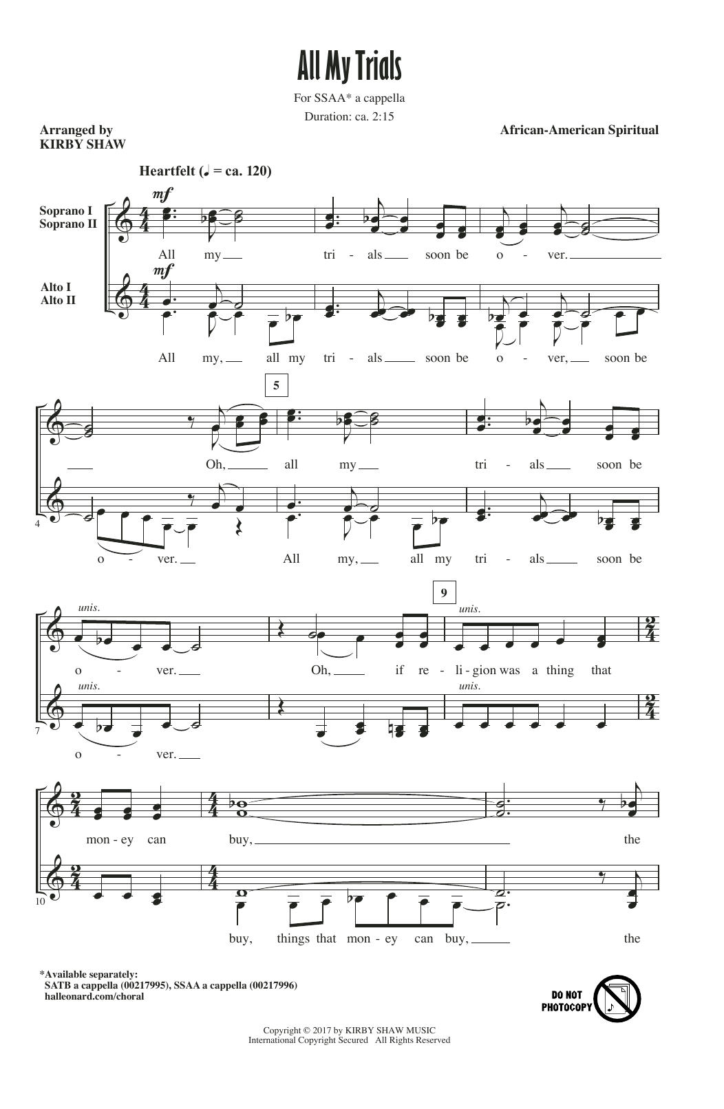 Download Kirby Shaw All My Trials Sheet Music and learn how to play SATB Choir PDF digital score in minutes