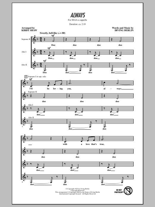 Download Kirby Shaw Always Sheet Music and learn how to play SSA PDF digital score in minutes