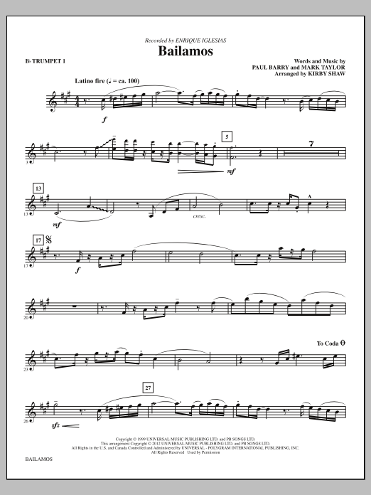Download Kirby Shaw Bailamos - Bb Trumpet 1 Sheet Music and learn how to play Choir Instrumental Pak PDF digital score in minutes