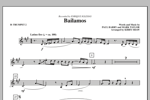 Download Kirby Shaw Bailamos - Bb Trumpet 2 Sheet Music and learn how to play Choir Instrumental Pak PDF digital score in minutes