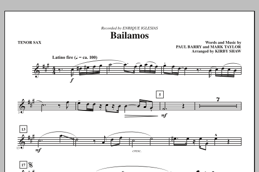 Download Kirby Shaw Bailamos - Tenor Sax Sheet Music and learn how to play Choir Instrumental Pak PDF digital score in minutes