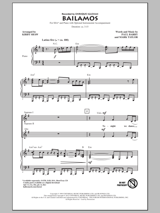 Download Enrique Iglesias Bailamos (arr. Kirby Shaw) Sheet Music and learn how to play SSA PDF digital score in minutes