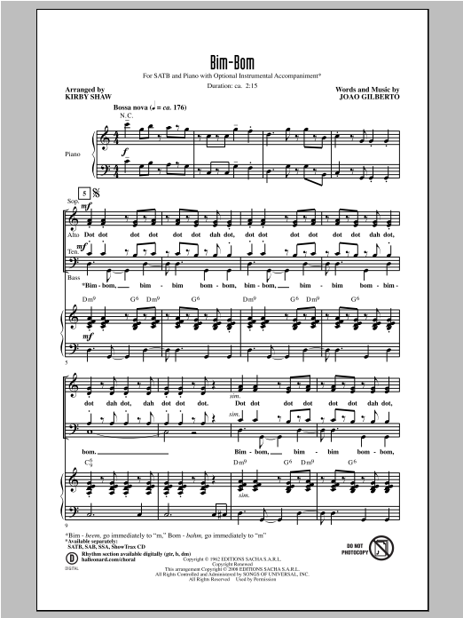 Download Joao Gilberto Bim-Bom (arr. Kirby Shaw) Sheet Music and learn how to play SAB PDF digital score in minutes