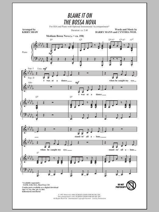 Download Eydie Gorme Blame It On The Bossa Nova (arr. Kirby Shaw) Sheet Music and learn how to play SATB PDF digital score in minutes