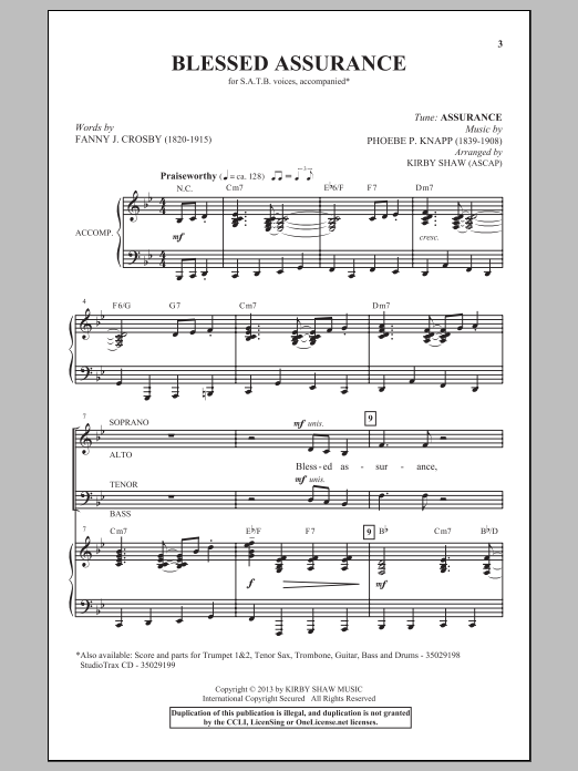 Download Kirby Shaw Blessed Assurance Sheet Music and learn how to play SATB PDF digital score in minutes