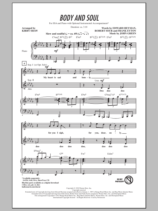 Download Tony Bennett Body And Soul (arr. Kirby Shaw) Sheet Music and learn how to play SSA PDF digital score in minutes