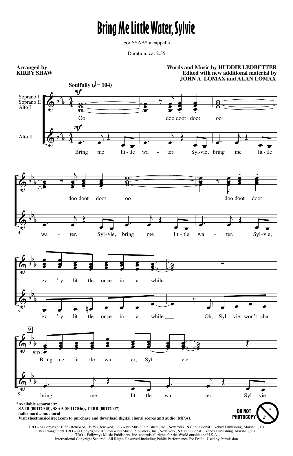 Download Traditional Folksong Bring Me Lil'l Water, Sylvie (arr. Kirby Shaw) Sheet Music and learn how to play TTBB PDF digital score in minutes