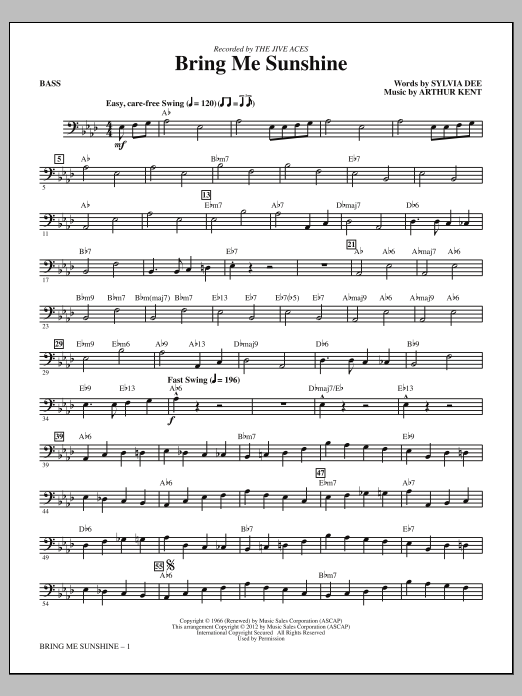 Download Kirby Shaw Bring Me Sunshine - Bass Sheet Music and learn how to play Choir Instrumental Pak PDF digital score in minutes