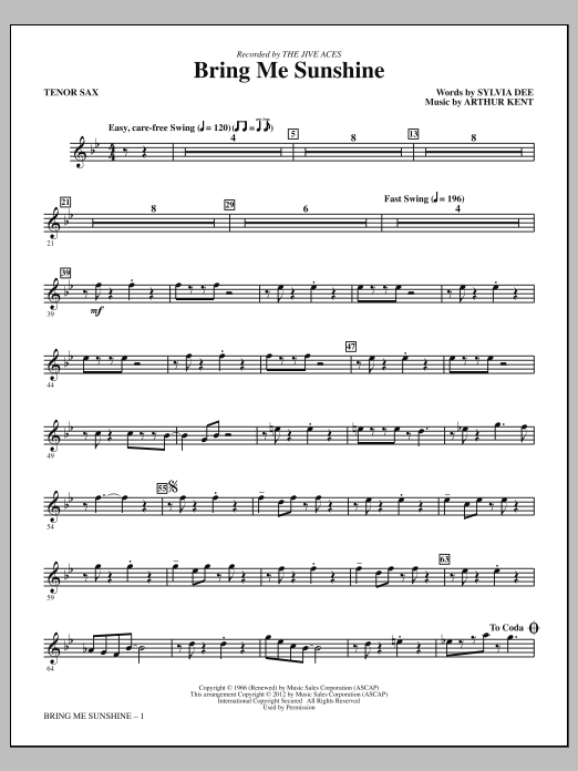 Download Kirby Shaw Bring Me Sunshine - Bb Tenor Saxophone Sheet Music and learn how to play Choir Instrumental Pak PDF digital score in minutes