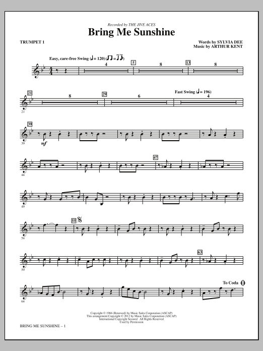 Download Kirby Shaw Bring Me Sunshine - Bb Trumpet 1 Sheet Music and learn how to play Choir Instrumental Pak PDF digital score in minutes