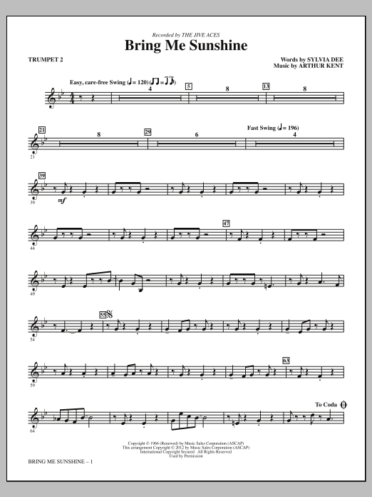 Download Kirby Shaw Bring Me Sunshine - Bb Trumpet 2 Sheet Music and learn how to play Choir Instrumental Pak PDF digital score in minutes