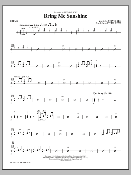 Download Kirby Shaw Bring Me Sunshine - Drums Sheet Music and learn how to play Choir Instrumental Pak PDF digital score in minutes