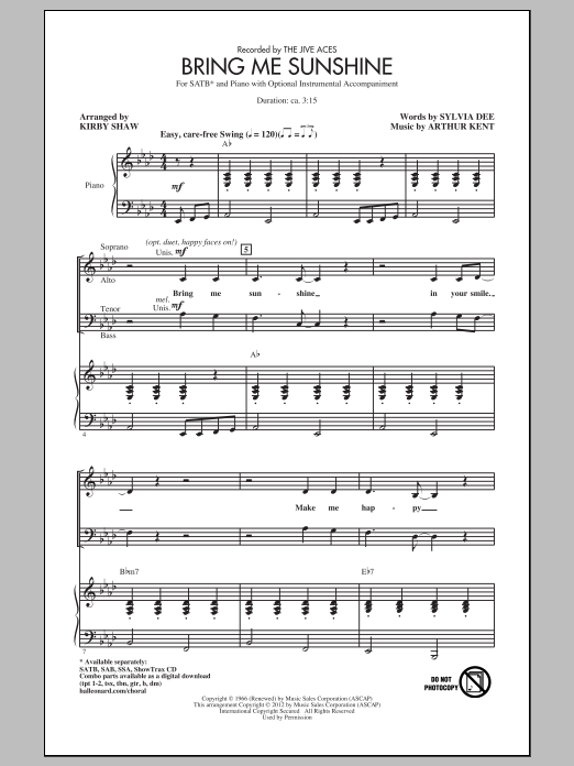 Download Kirby Shaw Bring Me Sunshine Sheet Music and learn how to play SATB Choir PDF digital score in minutes