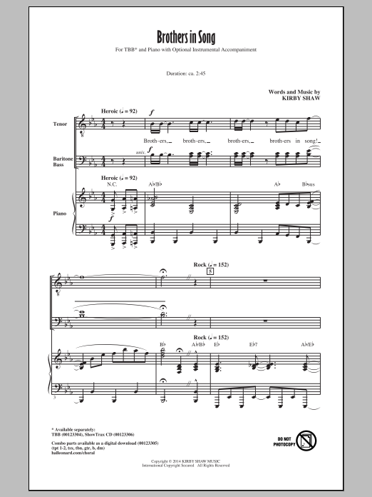 Download Kirby Shaw Brothers In Song Sheet Music and learn how to play Choral TBB PDF digital score in minutes