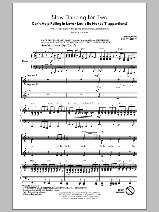 Download Kirby Shaw Slow Dancing For Two Sheet Music and learn how to play SSA PDF digital score in minutes