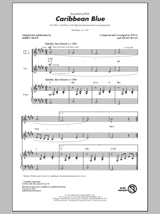 Download Enya Caribbean Blue (arr. Kirby Shaw) Sheet Music and learn how to play SAB PDF digital score in minutes