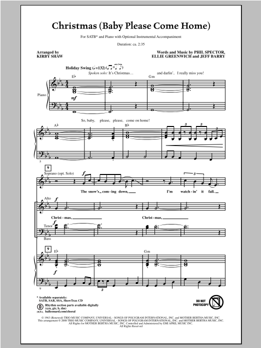 Download Kirby Shaw Christmas (Baby Please Come Home) Sheet Music and learn how to play SSA PDF digital score in minutes