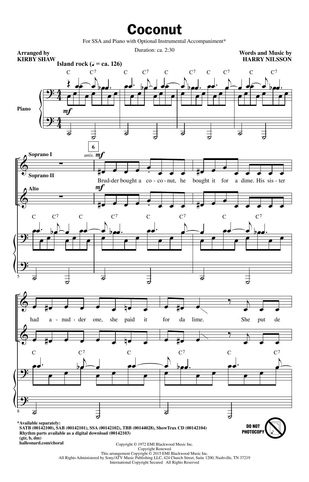 Download Kirby Shaw Coconut Sheet Music and learn how to play SATB PDF digital score in minutes